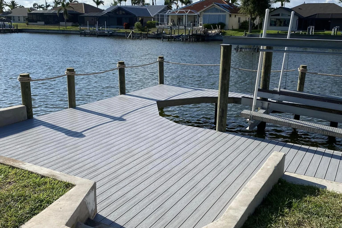 Cape Coral waterfront access planning | Top Notch Docks Cape Coral waterfront dock area with clear access around the shoreline and dock layout