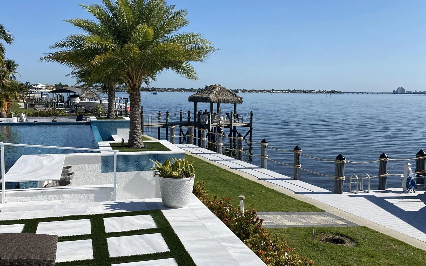 Finished saltwater waterfront dock and access built by Top Notch Docks